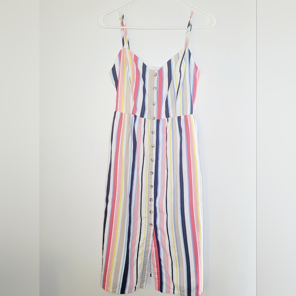 Emerald Sundae Dress Medium Multicolor Striped Linen Blend Button Front Midi